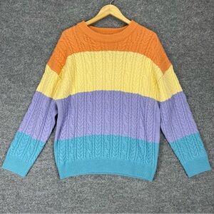 YWFG Sweater Mens L Vintage Cable Knit Colorblock Pastel Heavyweight Crewneck